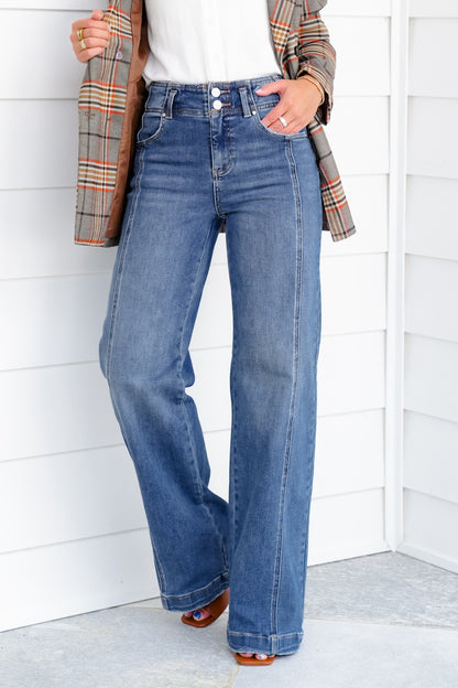 Risen The Statement Straight High Rise Medium Wash Ankle Wide Leg Jeans with Front Seam