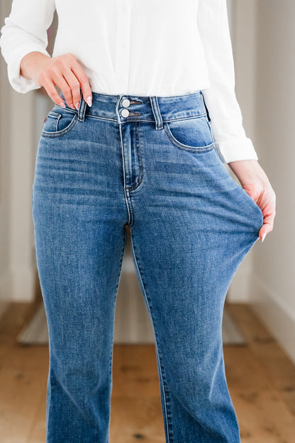 Judy Blue High Rise Medium Wash Double Button Frayed Hem Bootcut Jeans