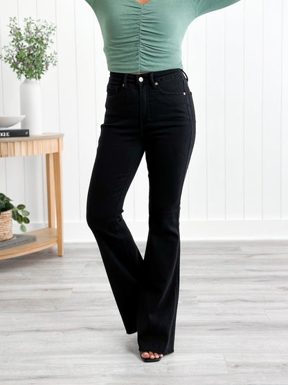 Judy Blue High Rise Black Tummy Control Cut Hem Flare Jeans