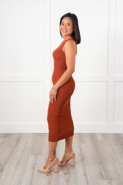Ribbed Knit Sleeveless Midi Dress with Cut Out Detail