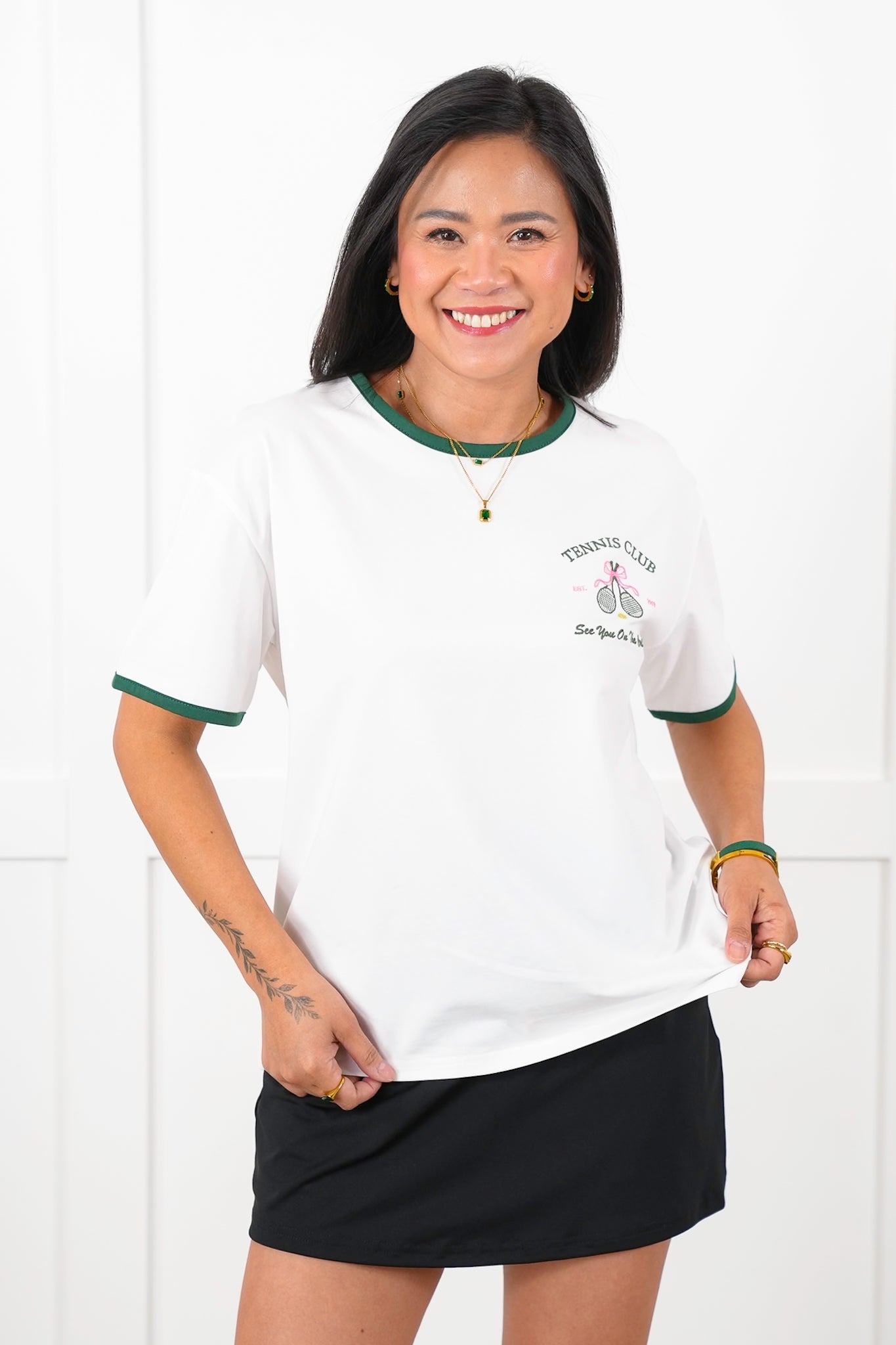 Embroidered "Tennis Club" Short Sleeve Round Neck Top