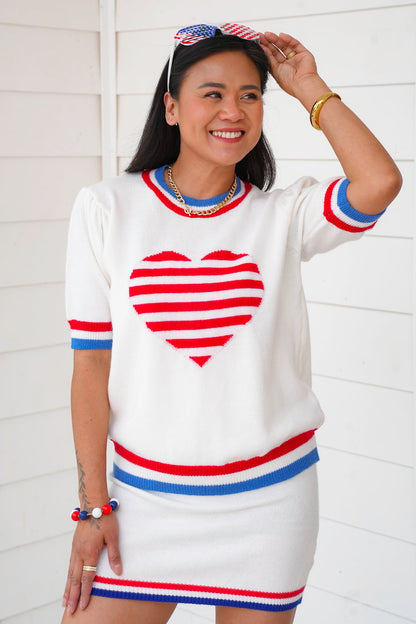 Restock! American Flag Stripe Heart Short Sleeve Pullover Sweater