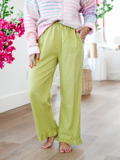 Polka Dot Elastic Waist Ruffle Hem Pants
