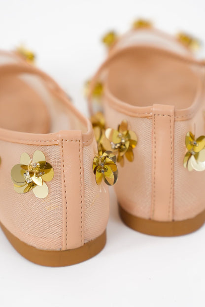 Elegant Mesh Mary Jane Flats with Gold Floral Embellishments
