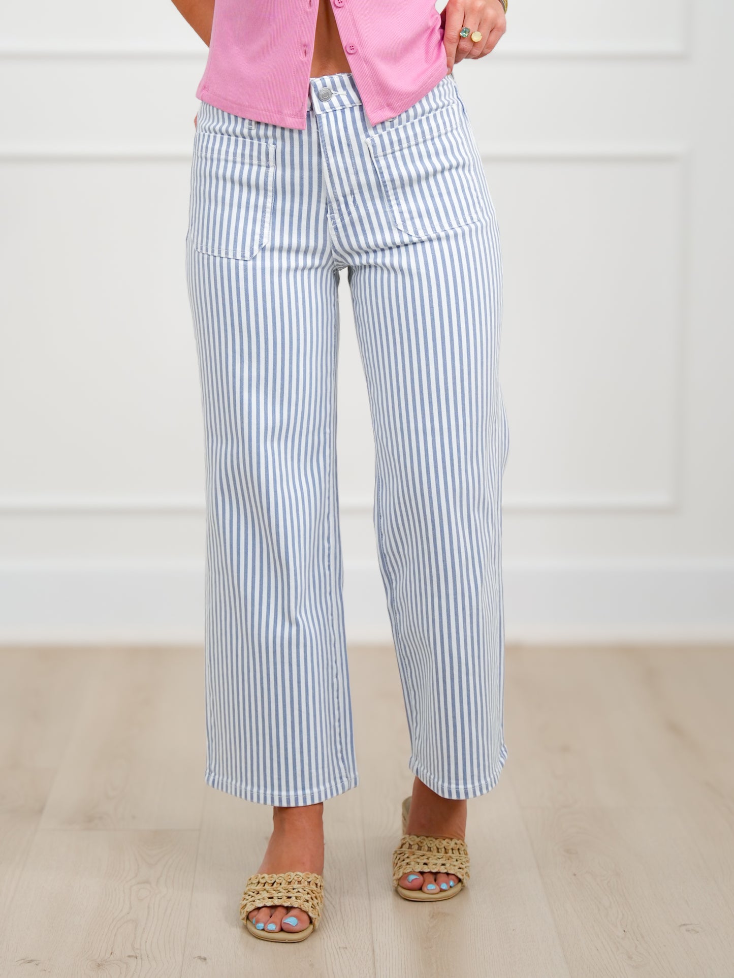 Mica High Rise Blue Striped Cropped Wide Leg Jeans