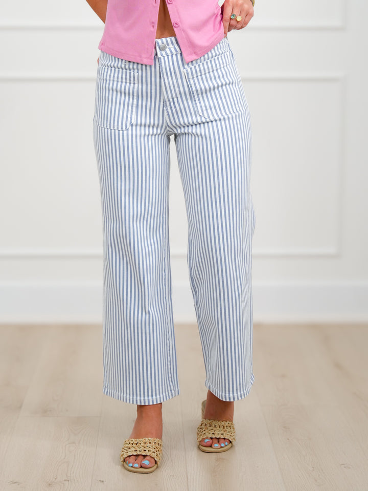Mica High Rise Blue and White Striped Cropped Wide Leg Jeans