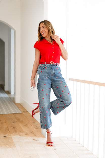 Medium Washed High Rise Embroidered Hearts Jeans