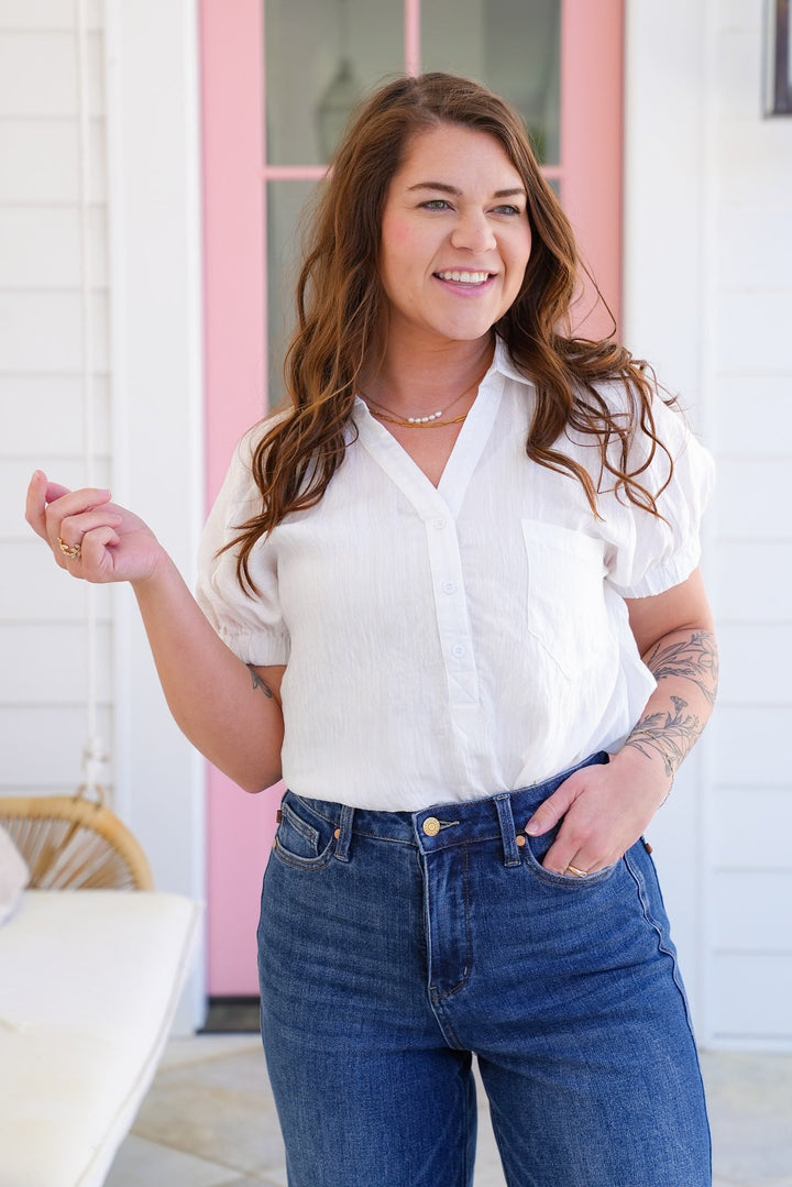White Short Sleeve Button Up V Neck Top