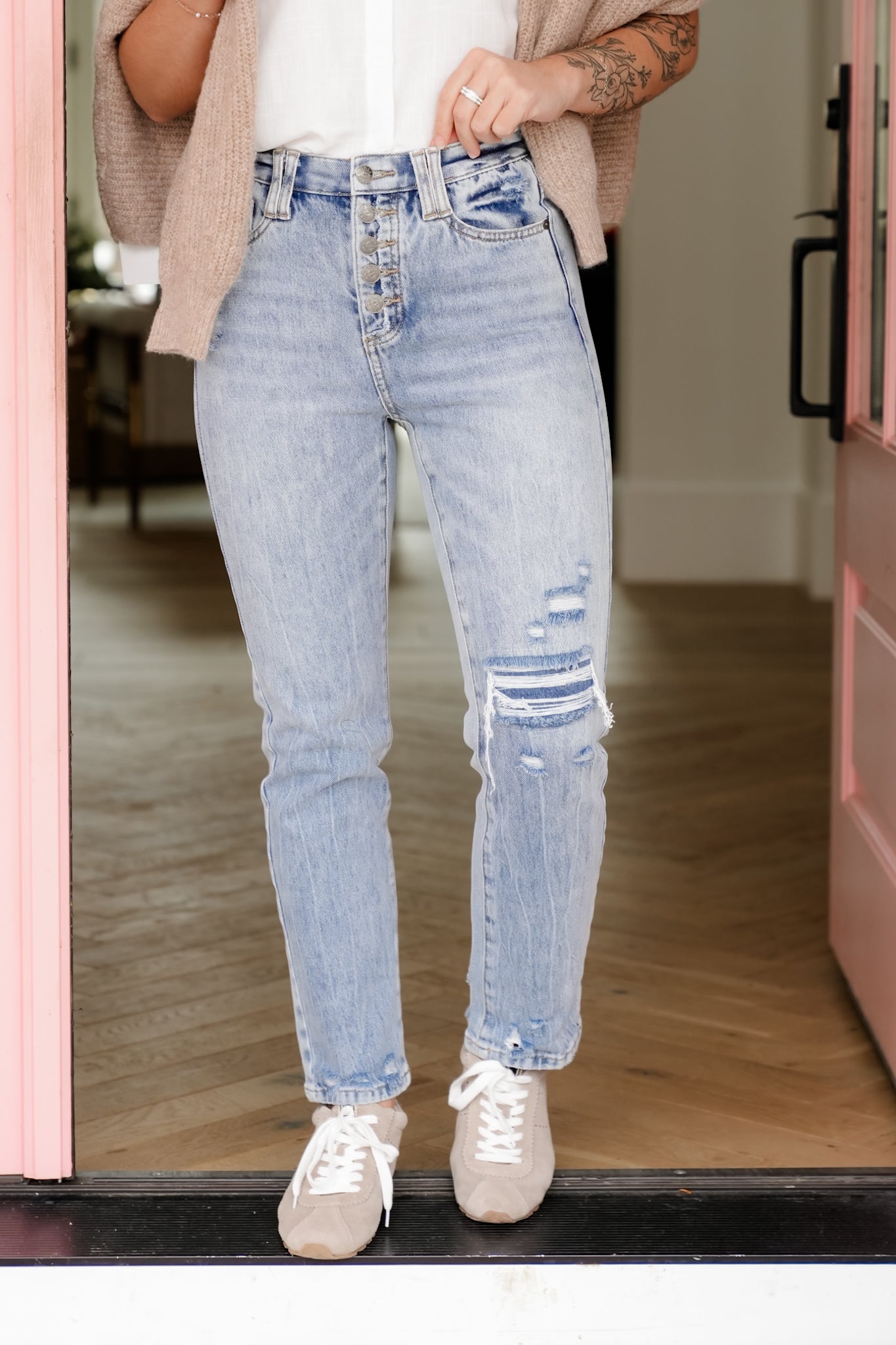 Saige High Rise Medium Wash Tummy Control Button Fly Cropped Slim Straight Leg Jeans
