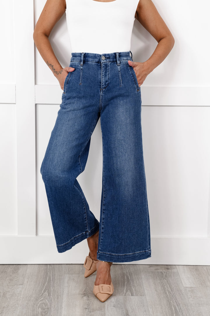 Risen High Rise Dark Wash Tummy Control Cropped Elastic Waistband Wide Leg Jeans