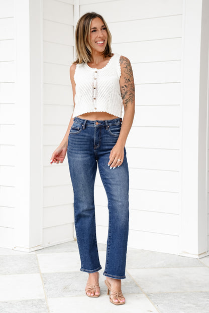 Risen The One and Only High Rise Dark Wash Tummy Control Ankle Straight Leg Jeans with Adjustable Waistband