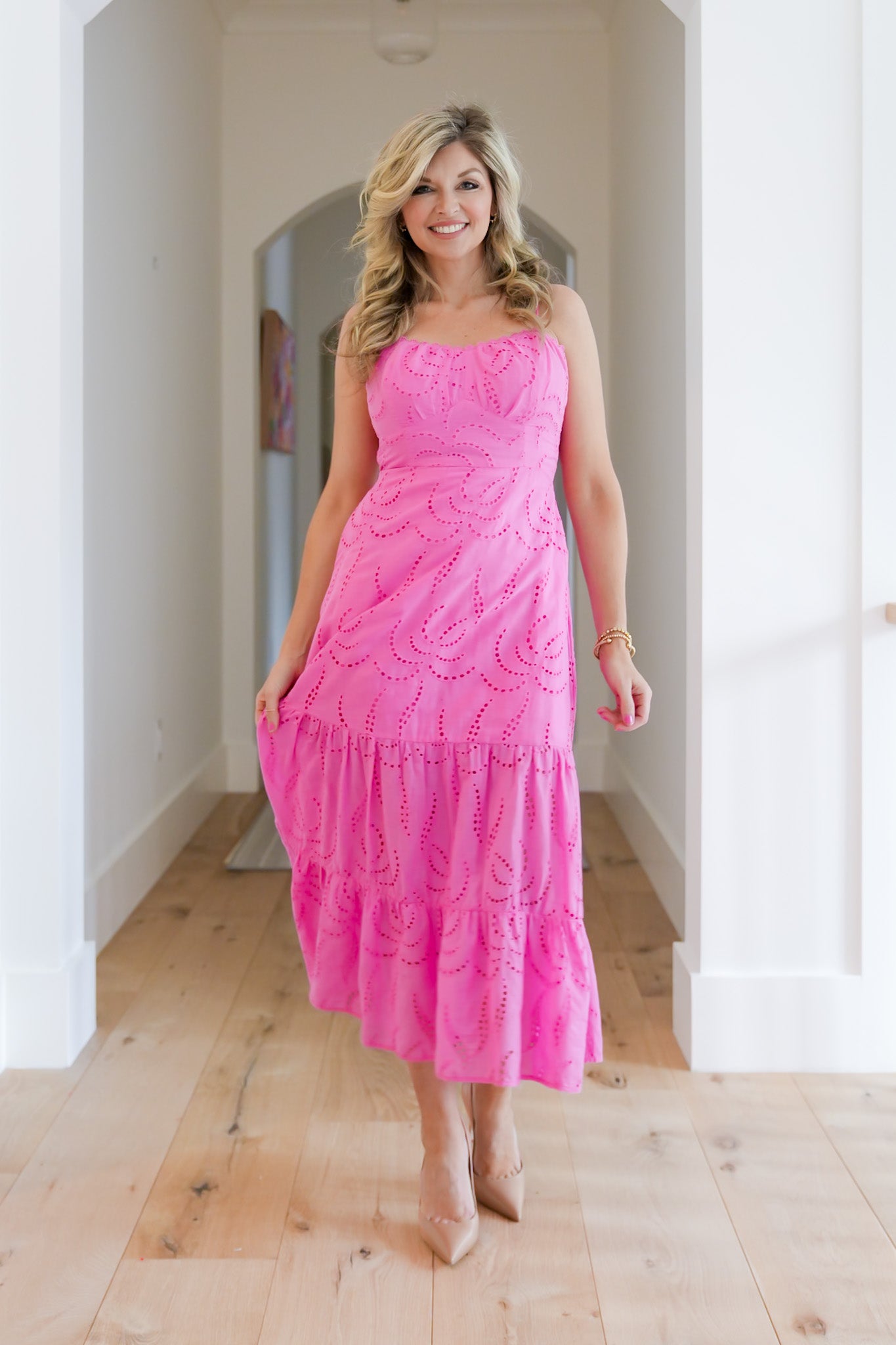 Pink Eyelet Sleeveless Tiered Dress with Side Pockets – Freckled Poppy