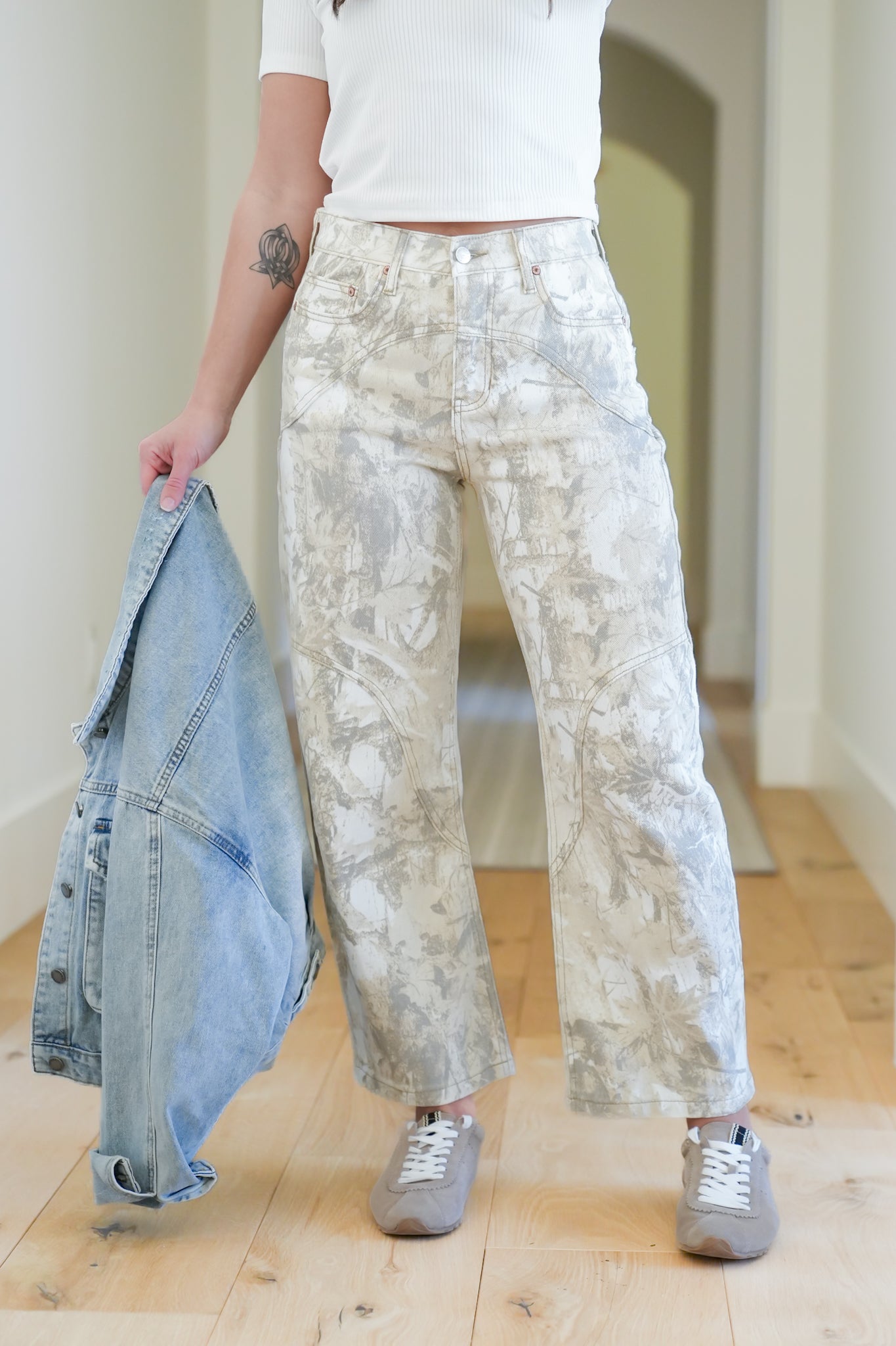 Saige High Rise Sand Tummy Control Barrel Camo Jeans