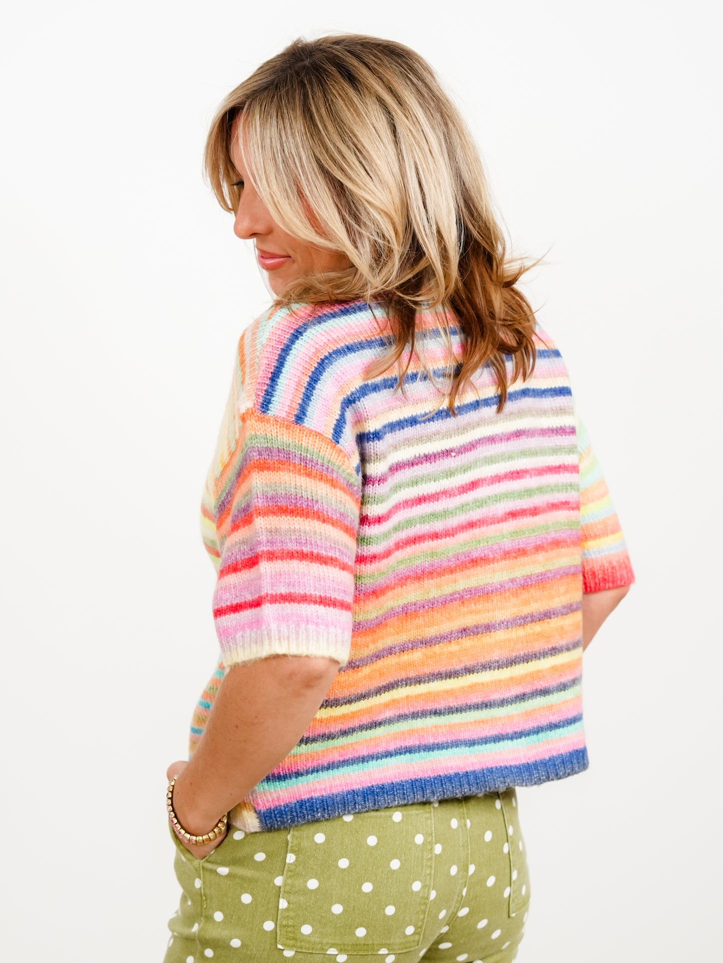 Rainbow Stripe Short Sleeve Button Down Cardigan