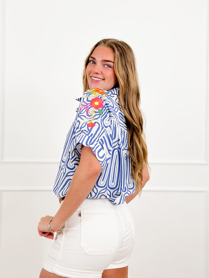 Plus/Reg Geometric Print Button Down Top with Embroidery Detail