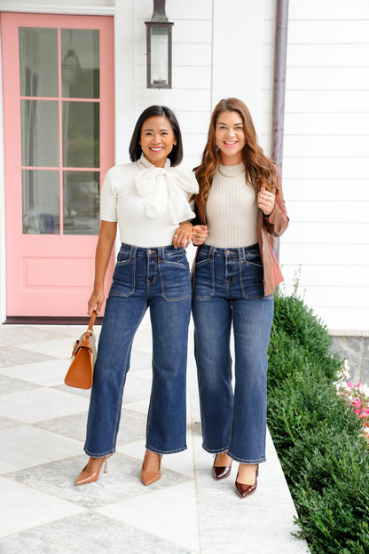 Mica High Rise Dark Wash Wide Leg Jeans with Patch Pockets