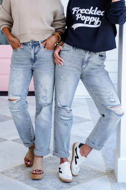 Judy Blue Mid Rise Light Wash Cuffed Boyfriend Jeans with Distressed Repair Stitch