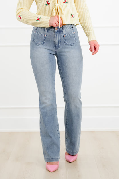 Judy Blue Sunday Stroll Mid Rise Medium Wash Bootcut Jeans with Front Patch Pockets