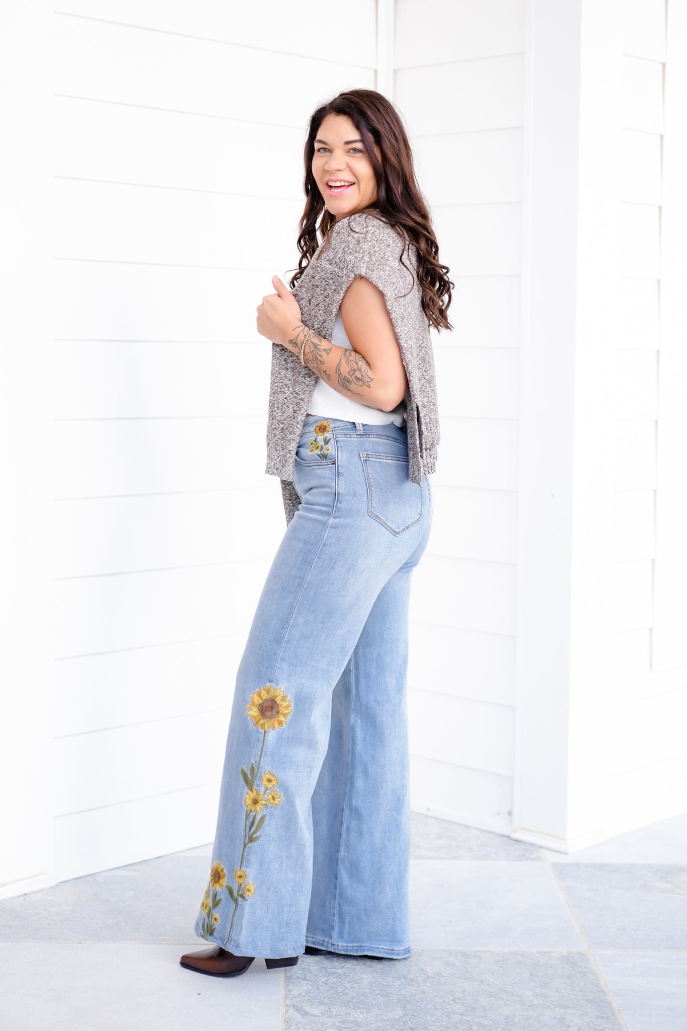 Light Wash Embroidered Sunflower Denim Jeans
