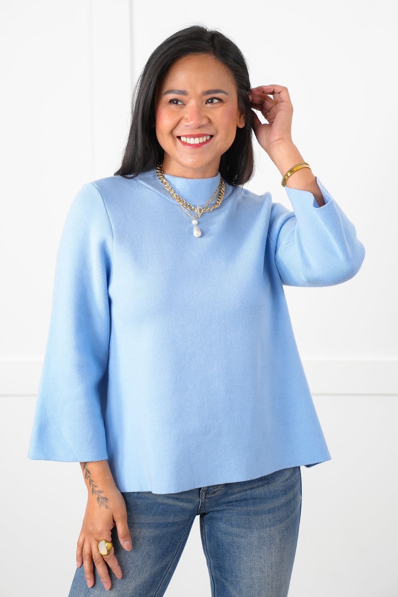 Solid 3/4 Bell Sleeve Mock Neck Knit Top