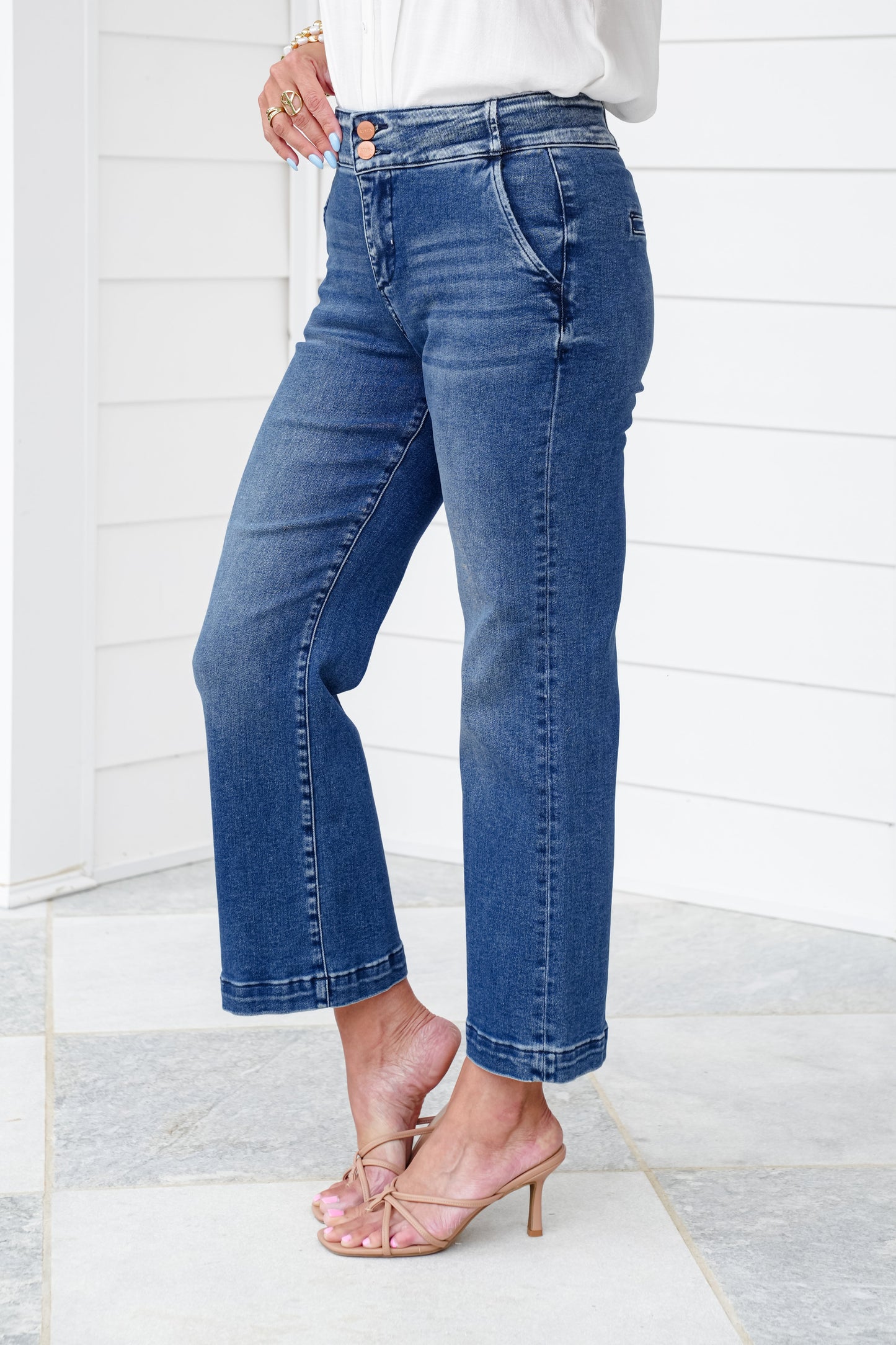 Risen High Rise Dark Wash Wide Waistband Tummy Control Cropped Wide Leg Jeans