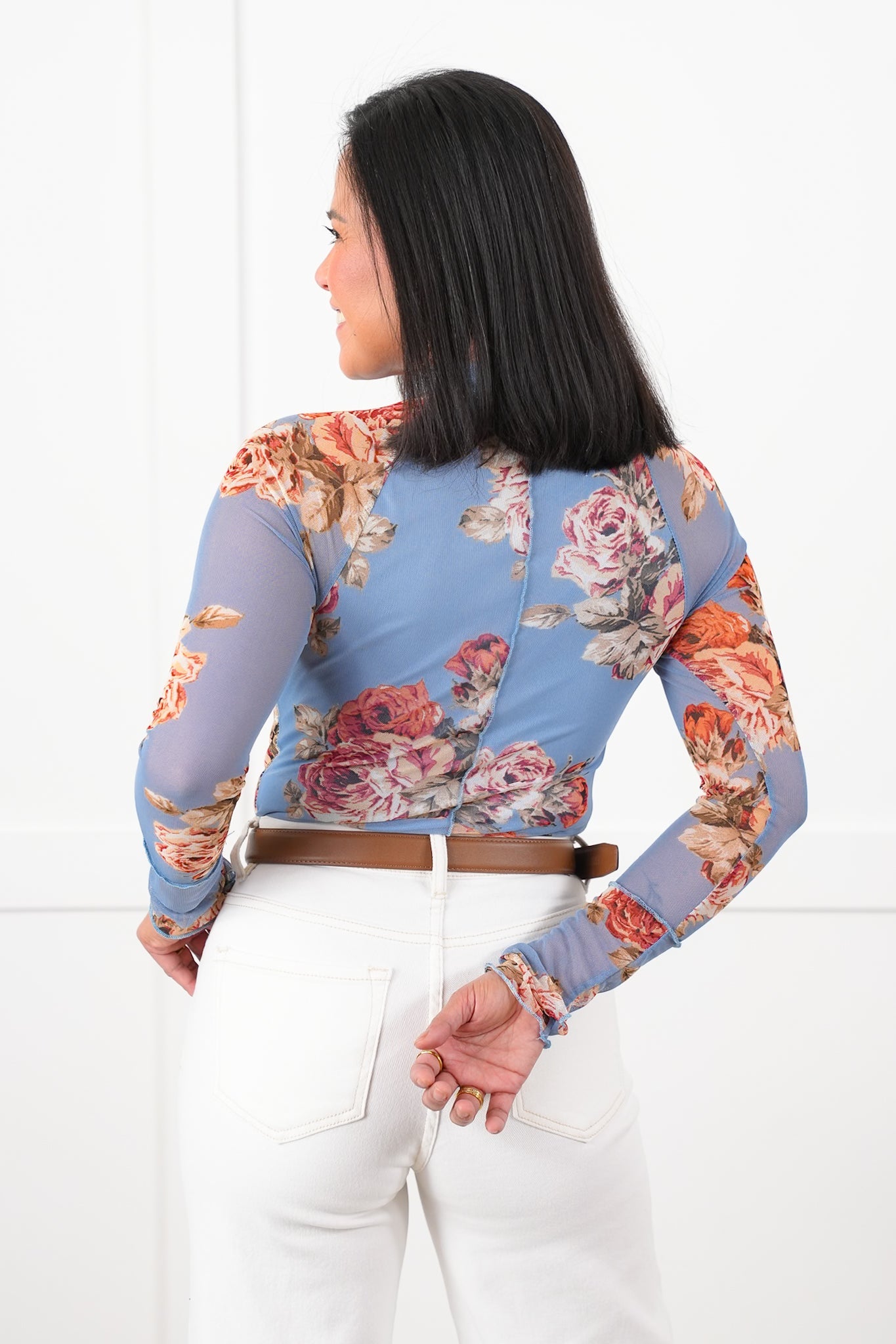 Plus/Reg Blue Floral Long Sleeve Mock Neck Mesh Top