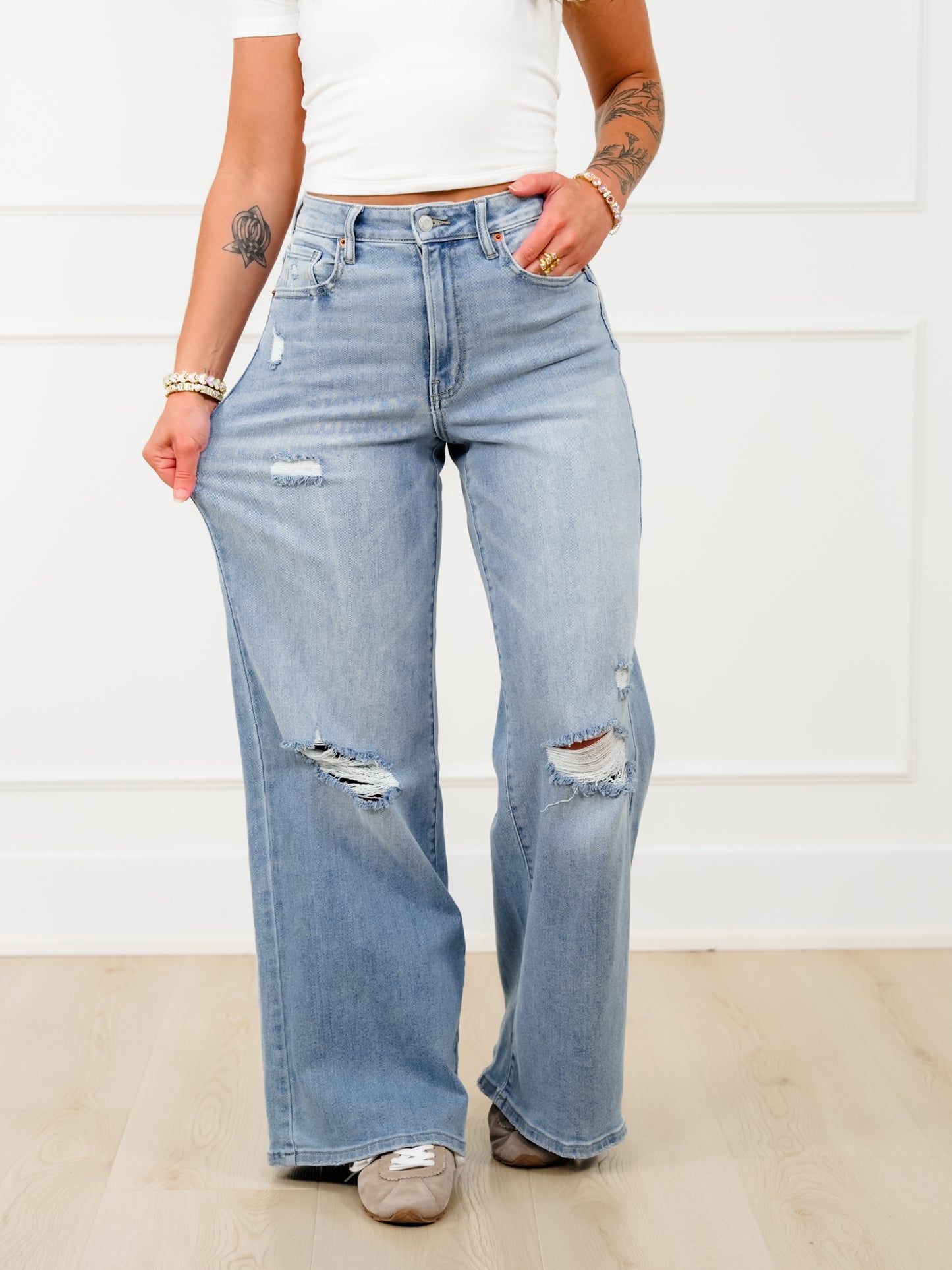 Cello High Rise Light Wash Distressed Wide Leg Jeans