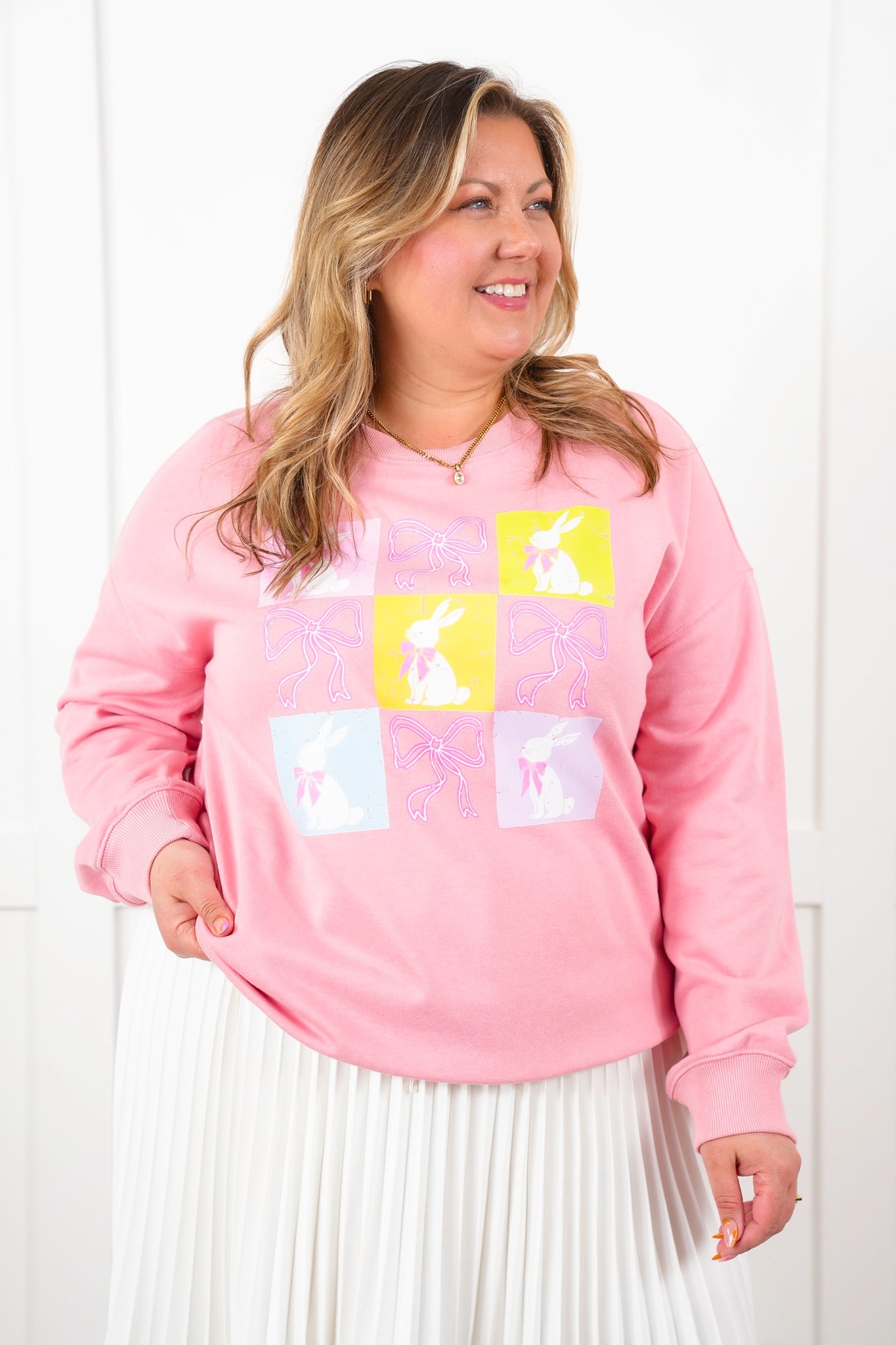 Checkered Bunny and Bows Graphic Long Sleeve Pullover Sweatshirt