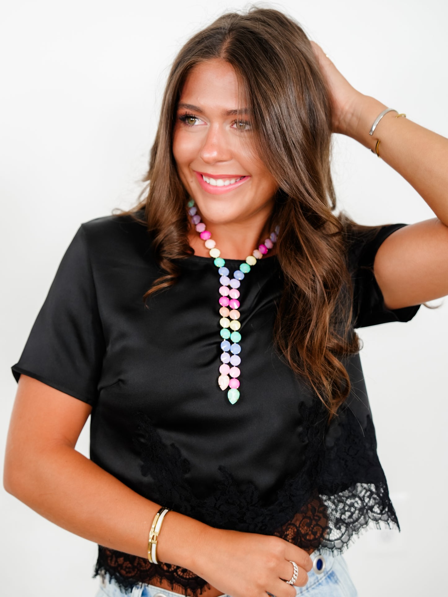TOVA Split Gold Plated Multi Color Crystal Necklace - Freckled Poppy