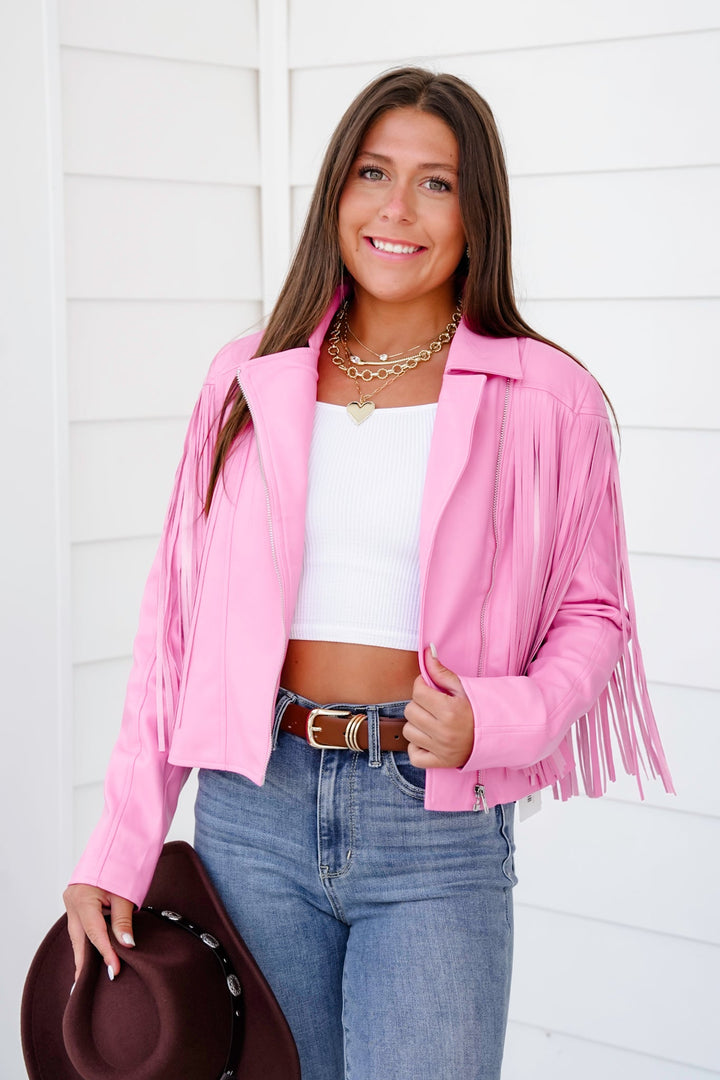 Pink Vegan Leather Long Sleeve Zip-Up Moto Jacket with Fringe Detail
