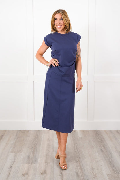 Navy Elastic Waist A-Line Midi Knit Skirt