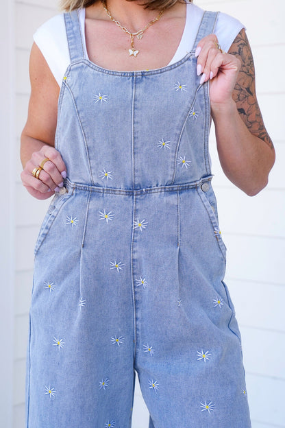 Plus/Reg Denim Overalls with Daisy Embroidered Detail