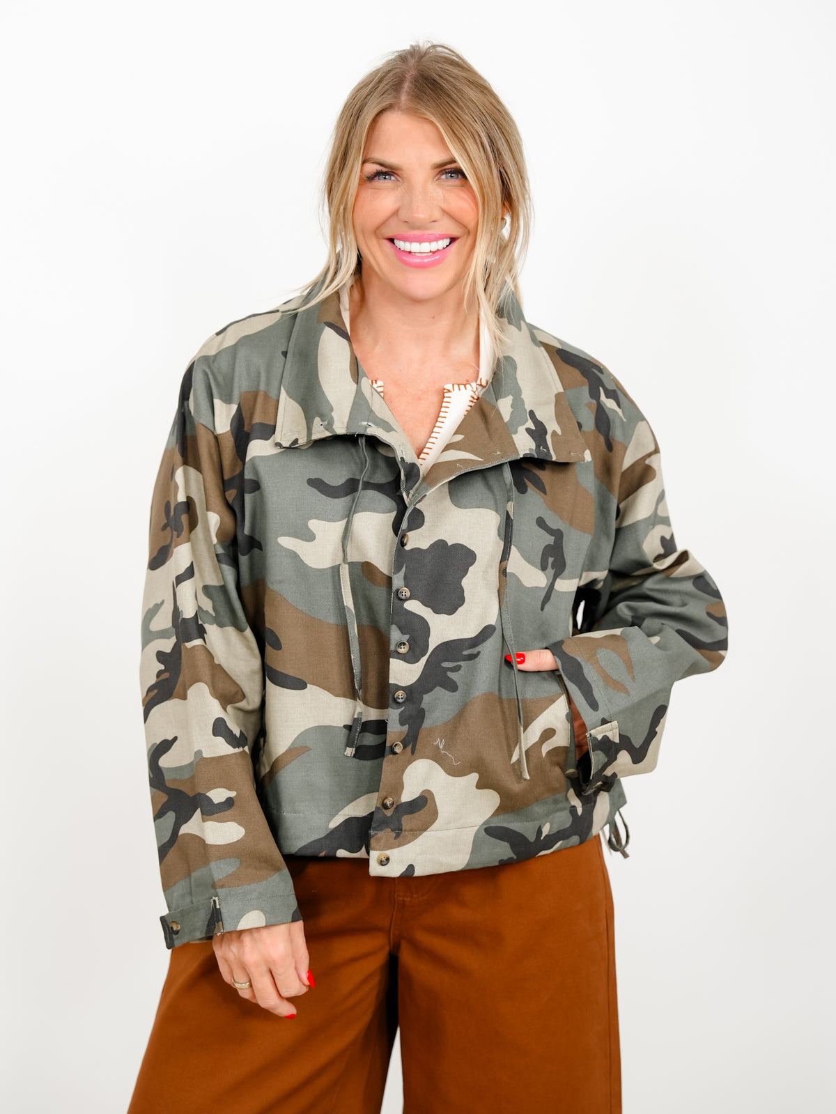 Camo Print Long Sleeve High Neck Button Down Jacket