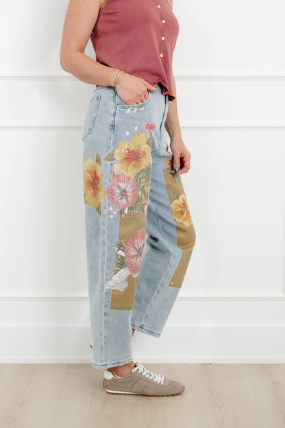 Floral Patch Barrel Jeans with Paint Splatter