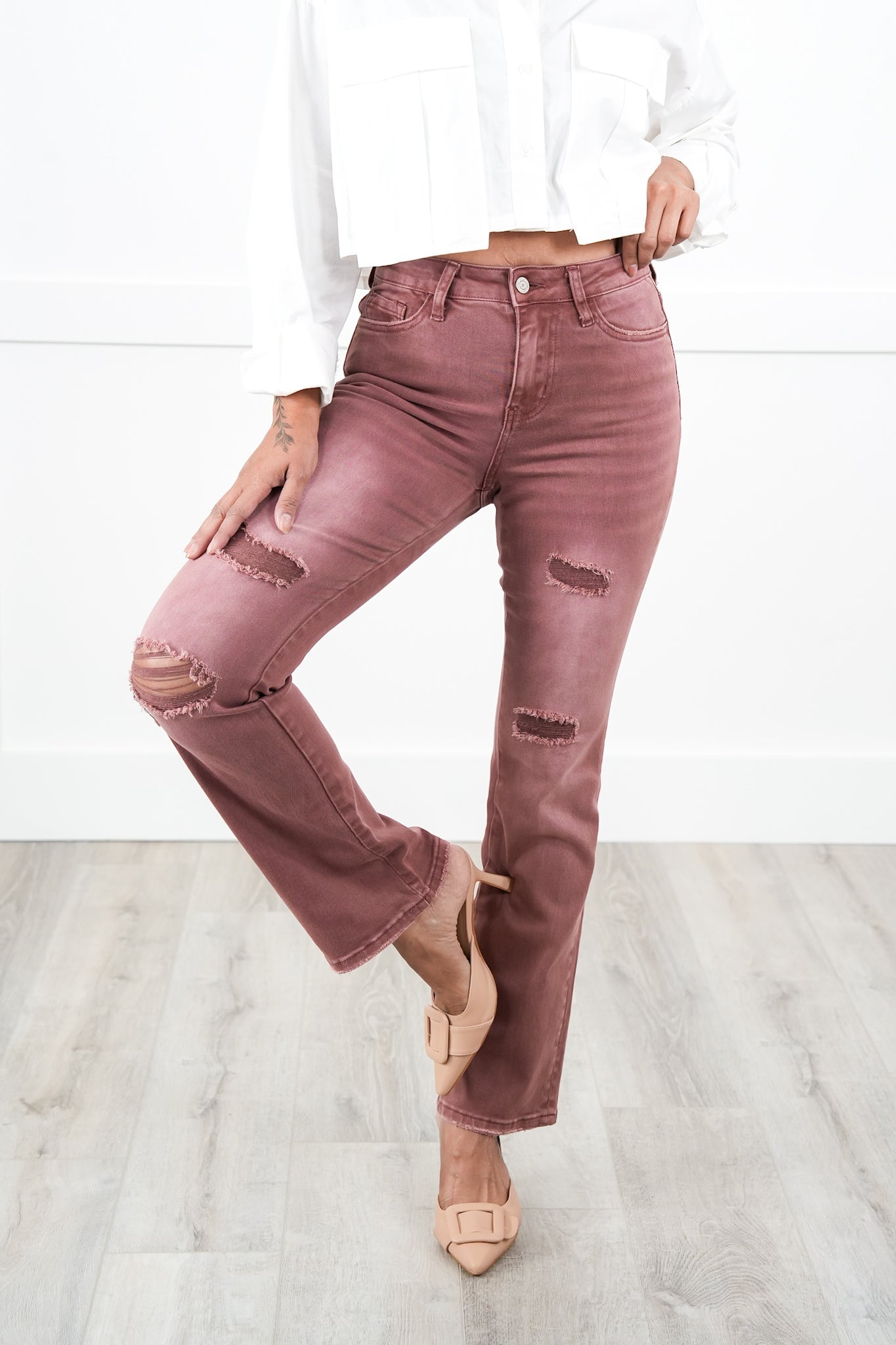 Vervet High Rise Dark Mauve Distressed Bootcut Jeans