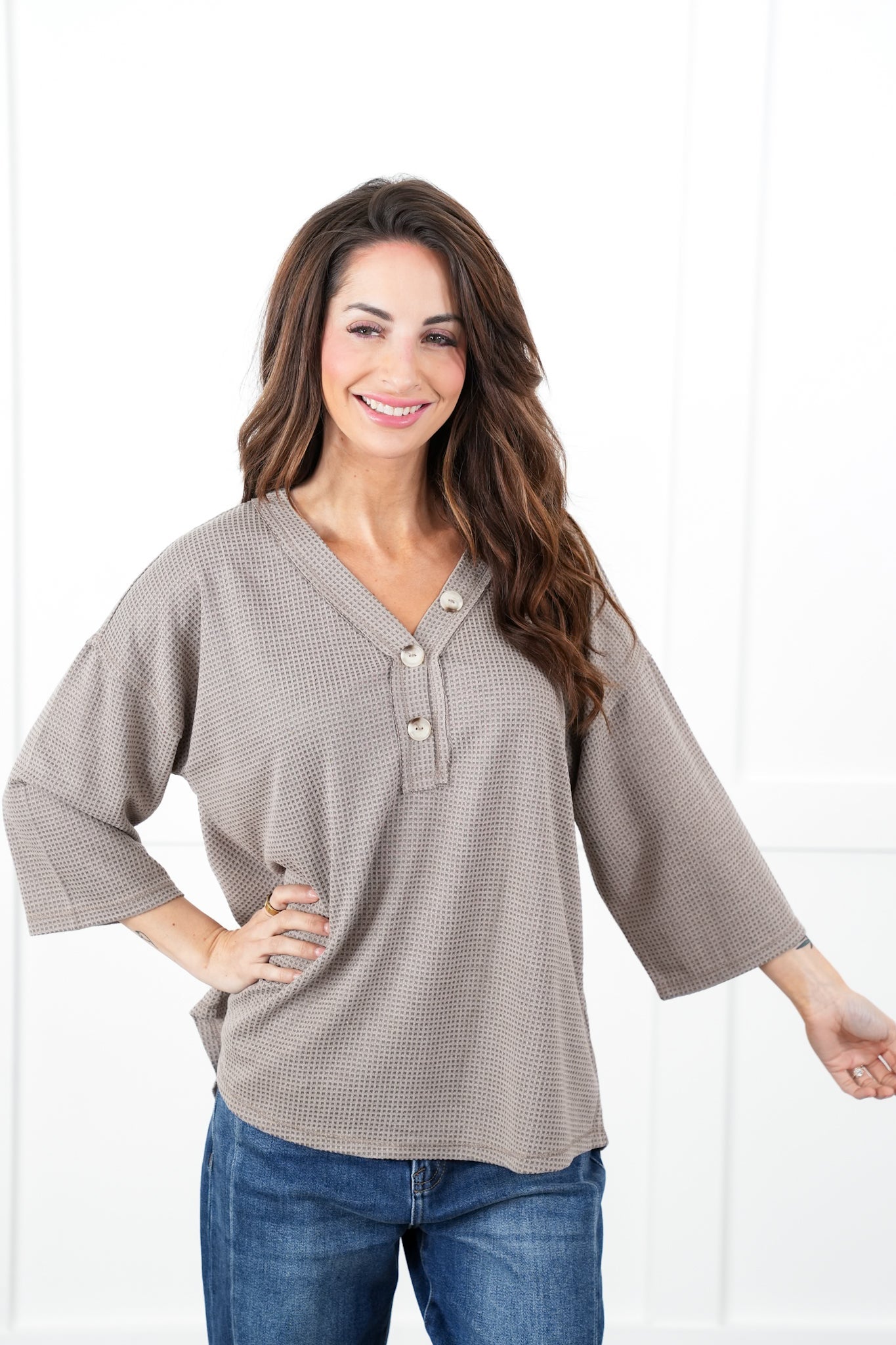 Door Buster! Plus/Reg Thermal 3/4 Sleeve V-Neck Top with Button Detail