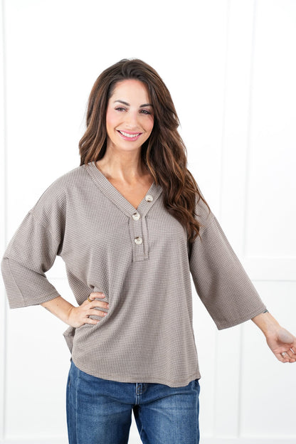 Door Buster! Plus/Reg Thermal 3/4 Sleeve V-Neck Top with Button Detail