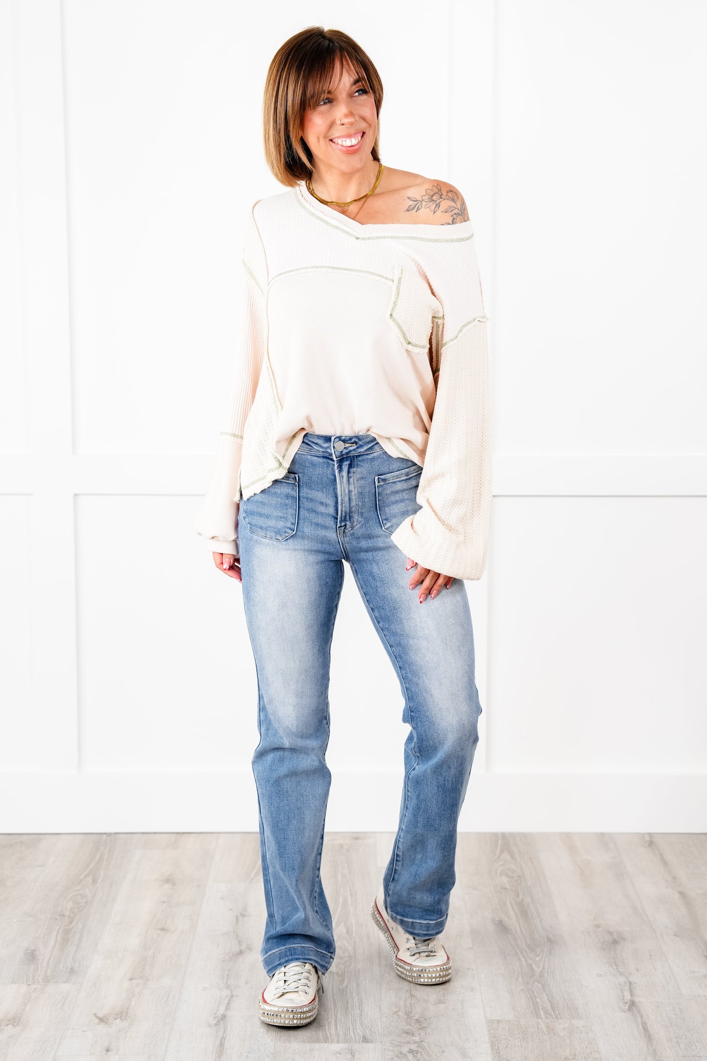 Risen Guilty As Sin Multiple Inseam High Rise Medium Wash Patch Pocket Straight Leg Jeans