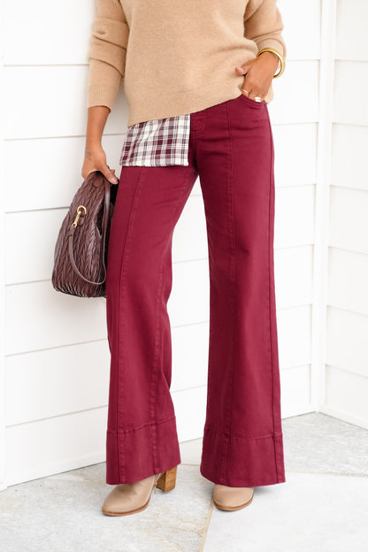 Risen Mid Rise Wine Tummy Control Wide Leg Jeans with Large Wide Hem