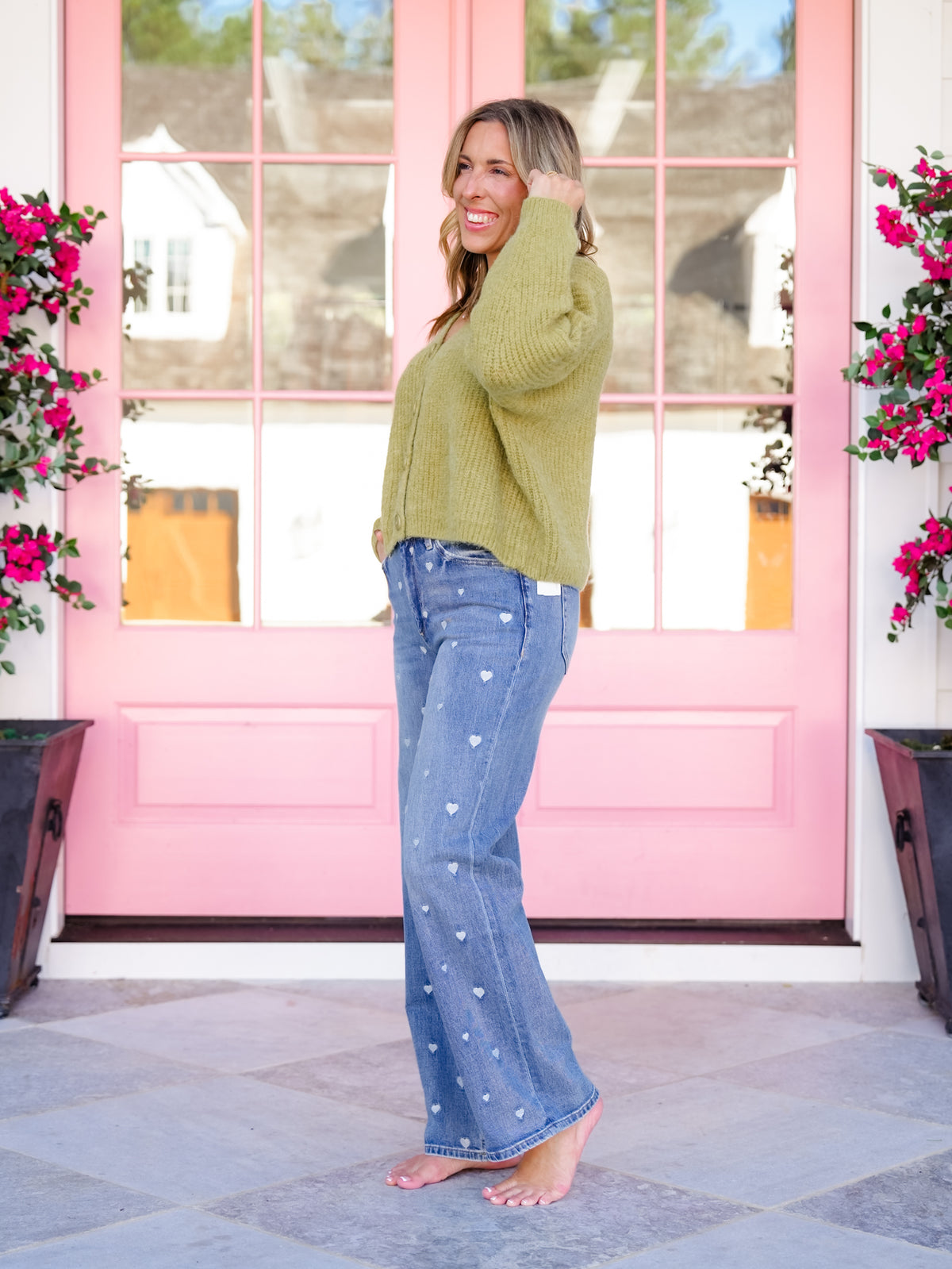 Mica High Rise Light Wash Straight Leg Jeans With Embroidered Hearts