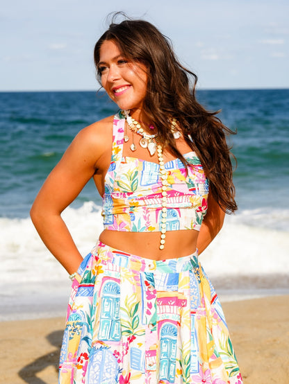 Coastal Print Sleeveless Halter Neck Crop Top - Freckled Poppy