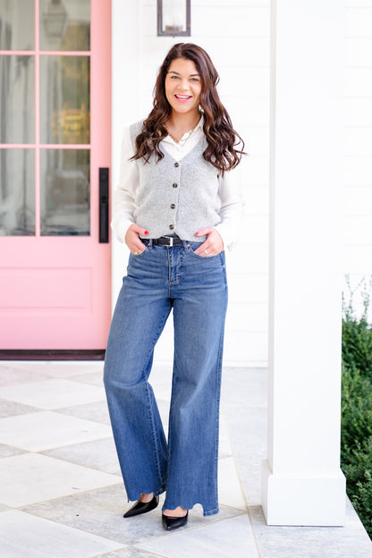 Judy Blue High Rise Medium Wash Tummy Control Chewed Hem Wide Leg Jeans