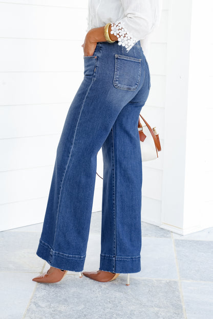 Restock! Risen You Make My Dreams Double Button Wide Leg Trouser Hem Non-Distressed Jean