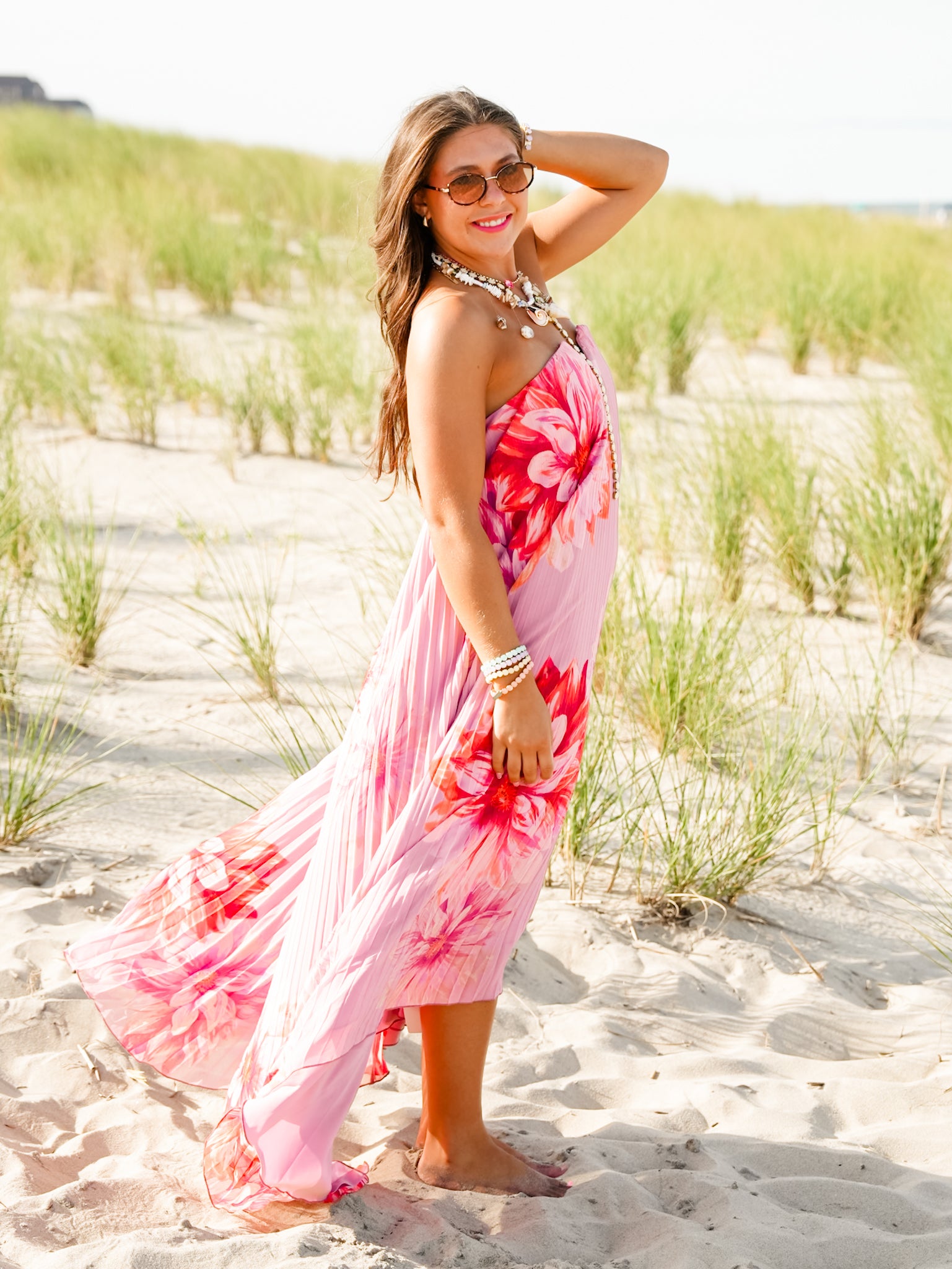 Floral Pleated Strapless Asymmetrical Hem Maxi Dress - Freckled Poppy