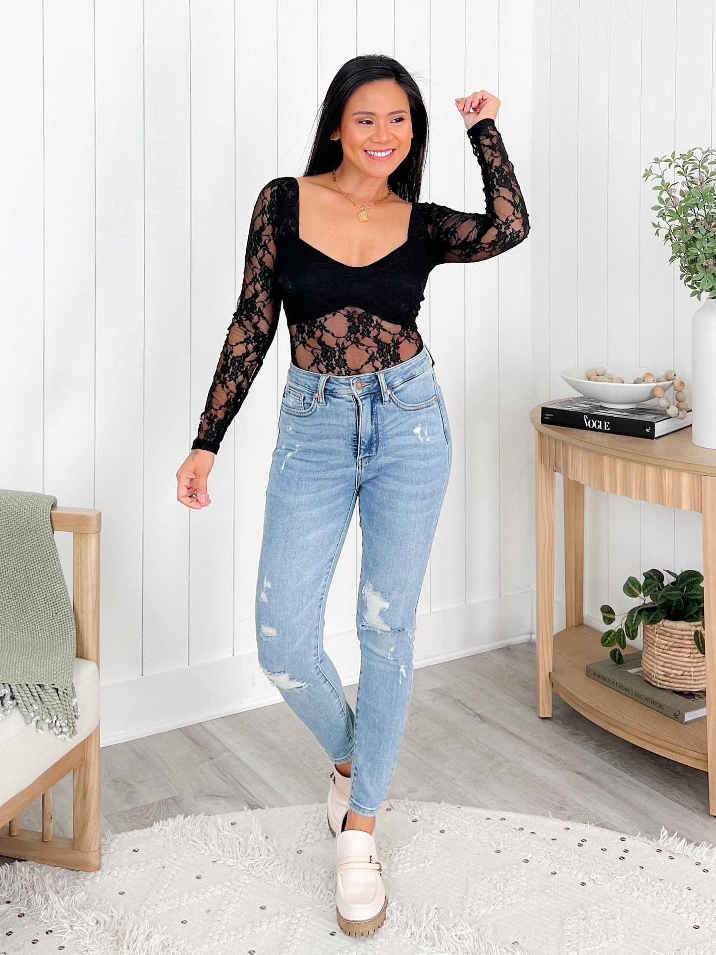 Black Floral Lace Long Sleeve Bodysuit