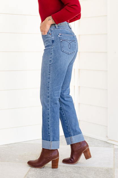 Judy Blue High Rise Medium Wash Distressed Criss-Cross Cuffed Boyfriend Jeans