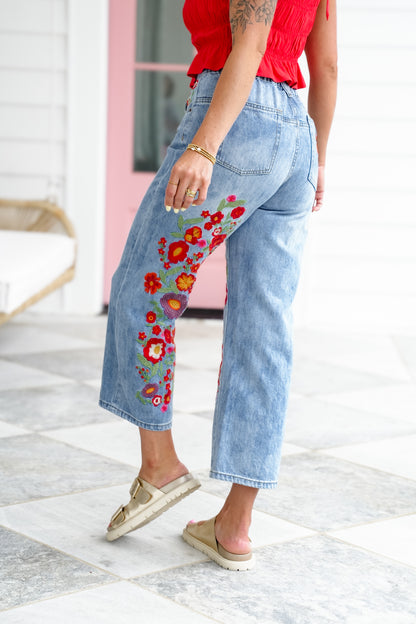 Restock! Wildflower Drive Mineral Wash Relaxed Fit Denim Jeans with Floral Embroidery Detail