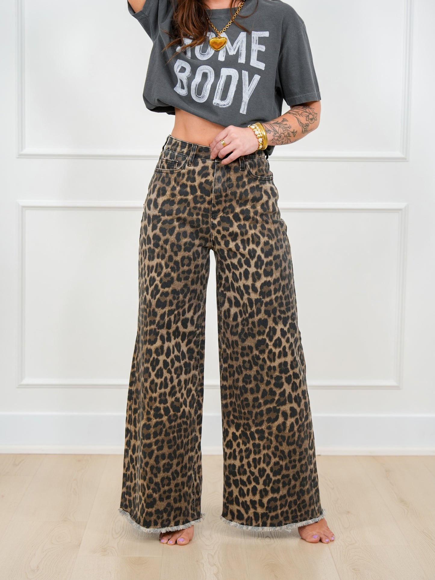 Saige High Rise Leopard Tummy Control Elastic Waist Band Wide Leg Jeans