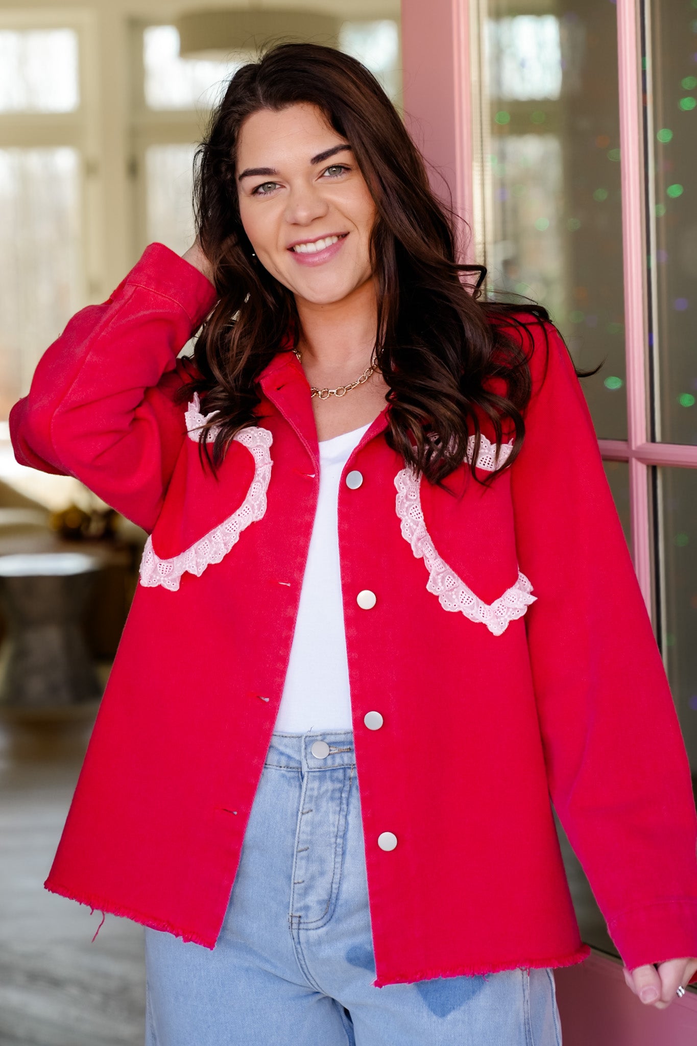 Long Sleeve Shacket with Lace Heart Pocket Detail