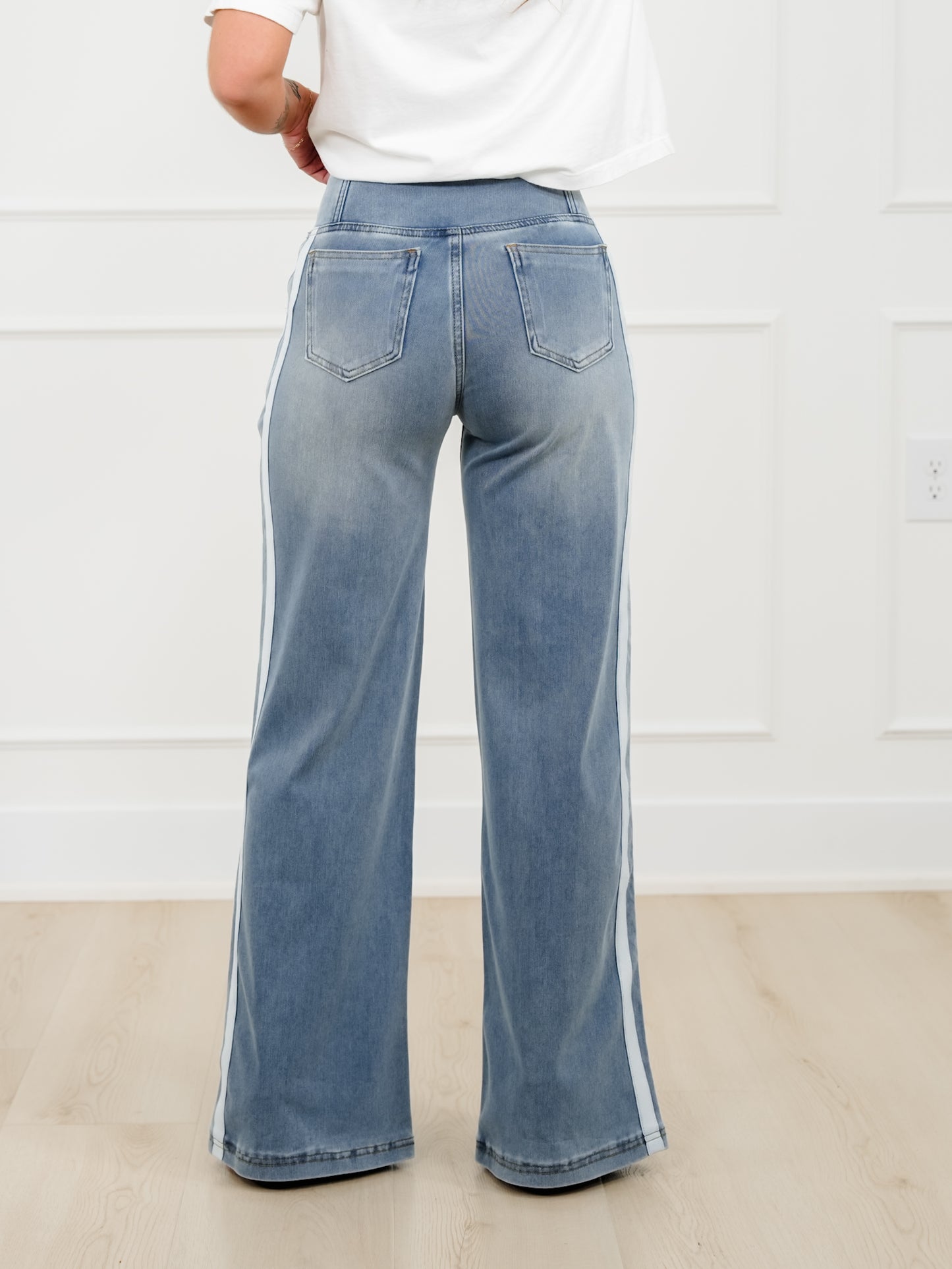 Light Wash Crossover Waist Wide Leg Jeans with Side Stripe